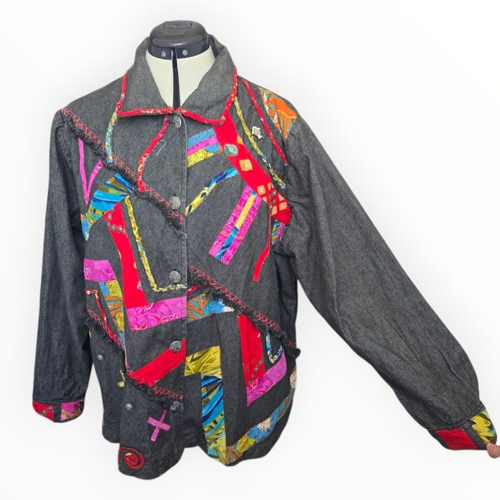 Spirit by Sandy Starkman Denim Jacket Plus Size 1X Patchwork Artsy Teacher Retro